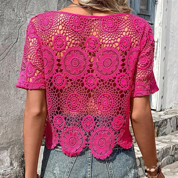 Pink Womens Hollow Out Scallop Trim Guipure Lace Blouse - Picture 6 of 6